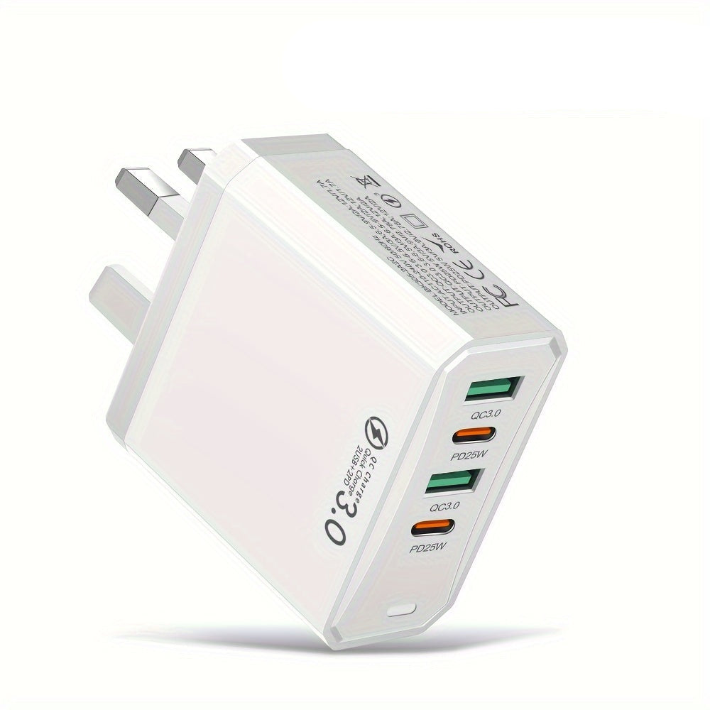 White USB charger with multiple ports on a white background