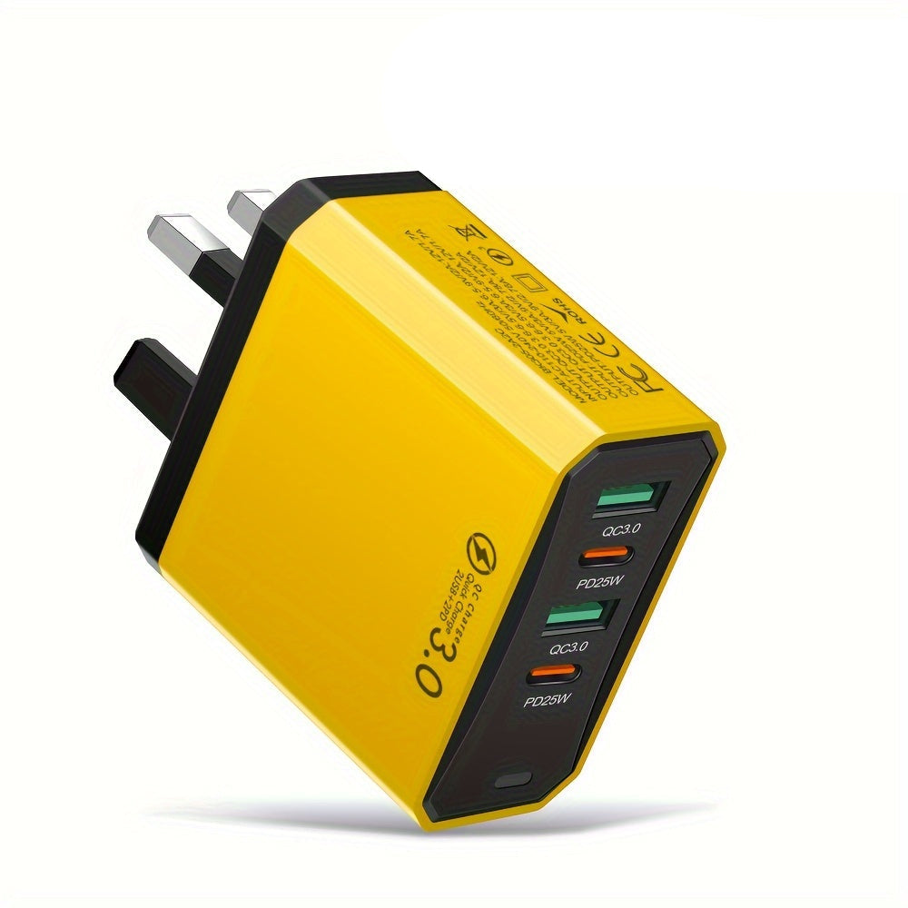 Yellow power adapter with multiple USB ports on a white background