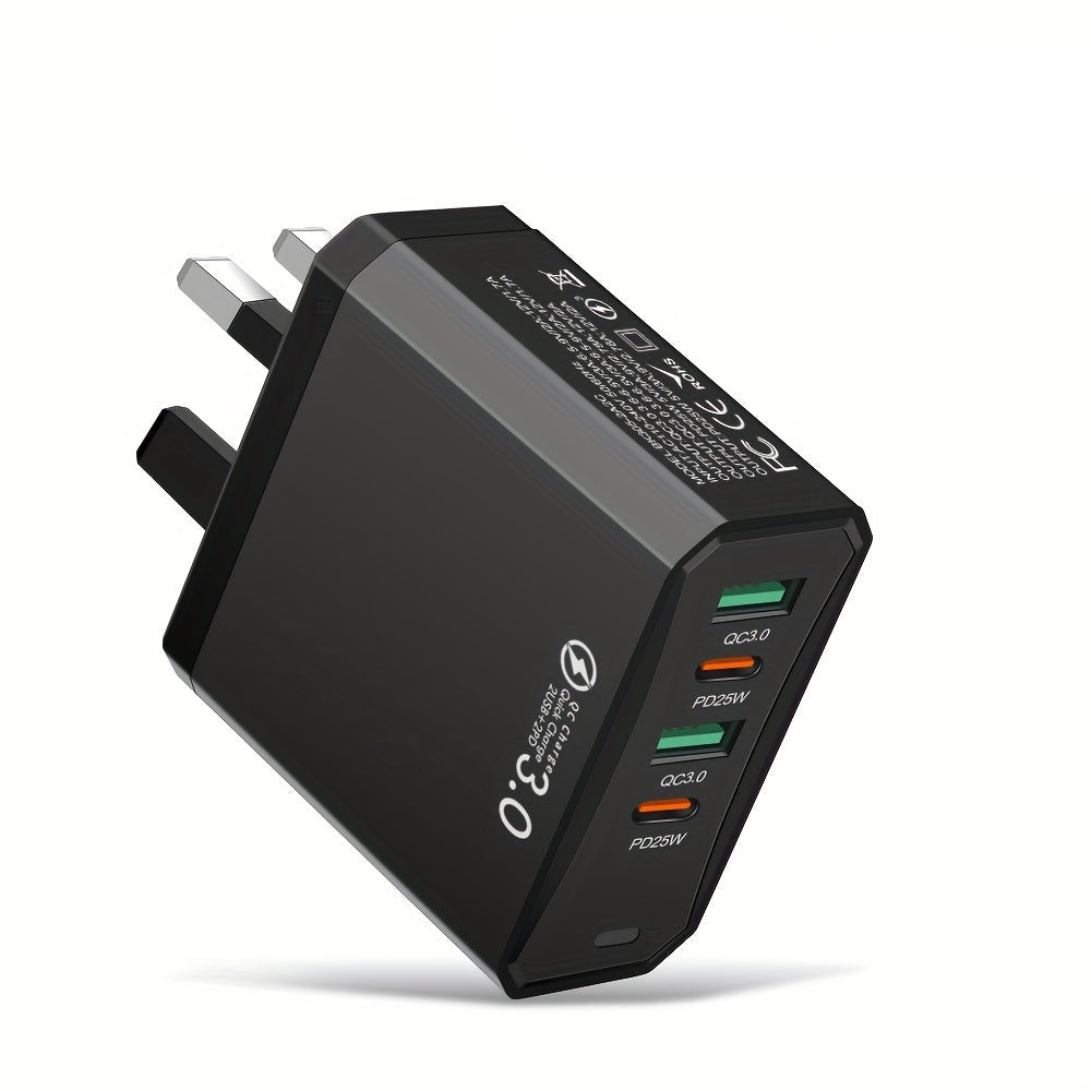 Black USB-C wall charger with multiple ports on a white background