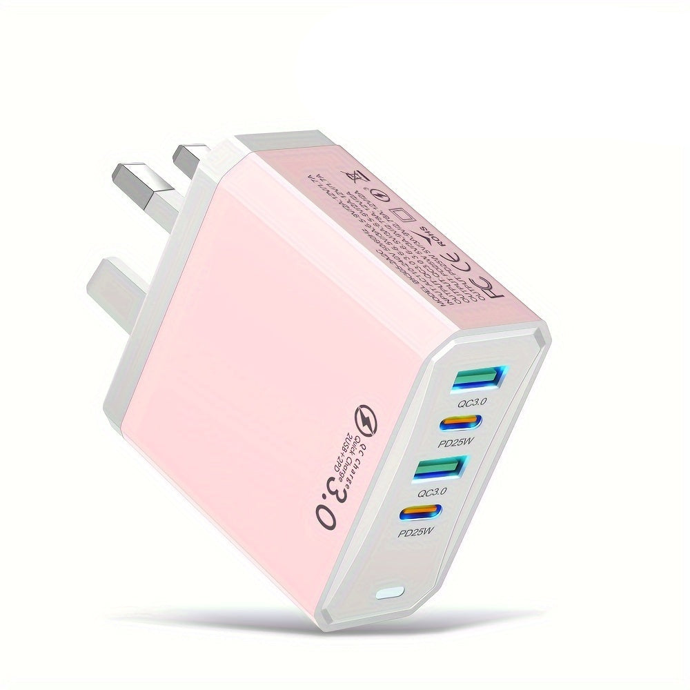 Pink charging adapter with UK plug on a white background