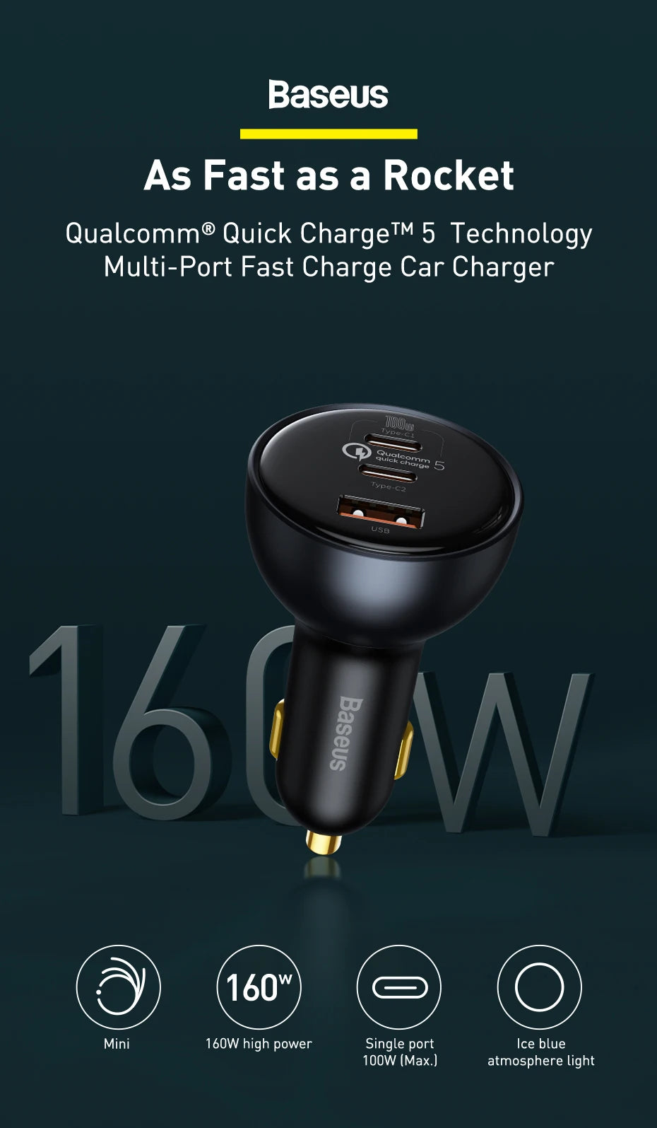 Baseus 160W USB Car Charger QC5.0 Fast Charging for iPhone