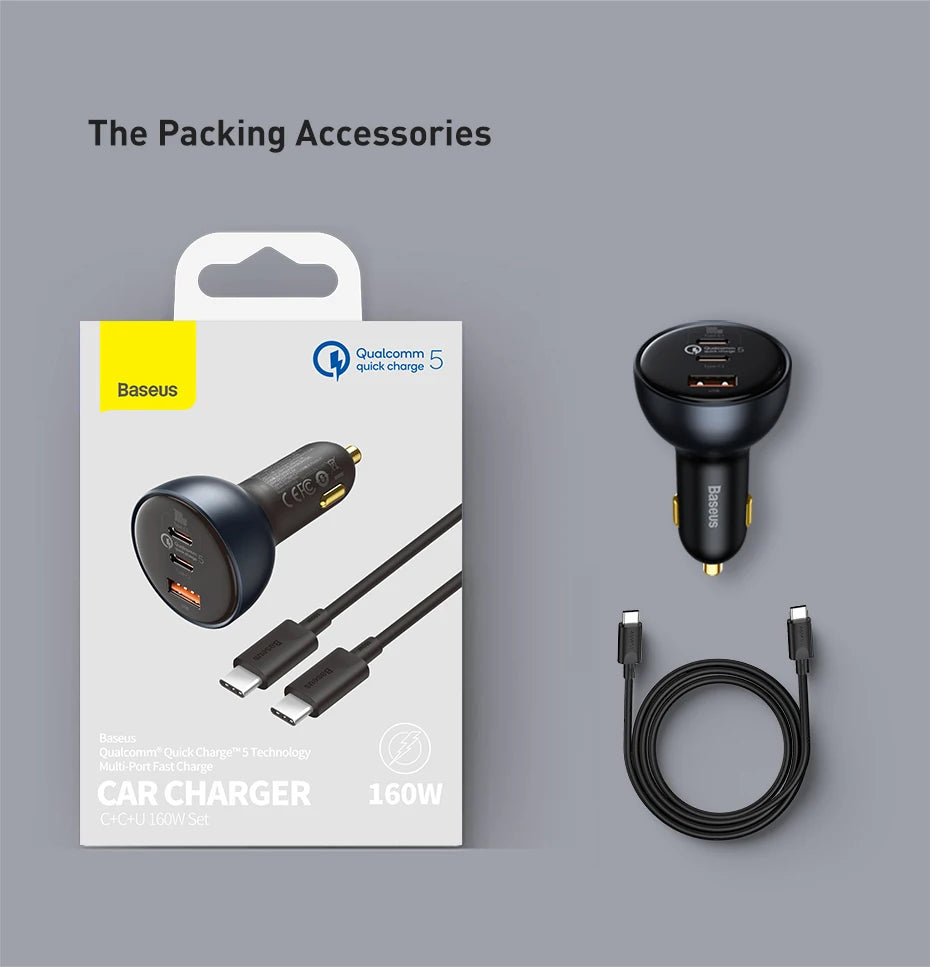 Baseus 160W USB Car Charger QC5.0 Fast Charging for iPhone