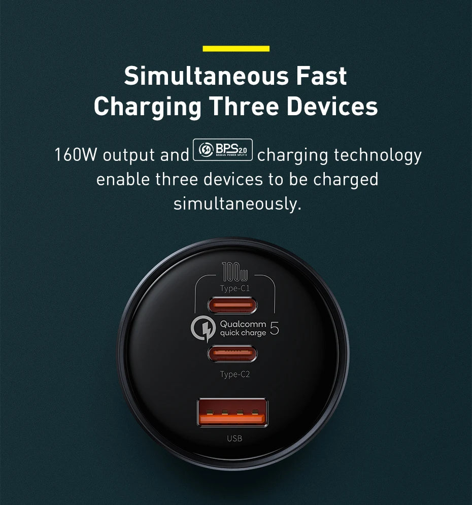 Baseus 160W USB Car Charger QC5.0 Fast Charging for iPhone
