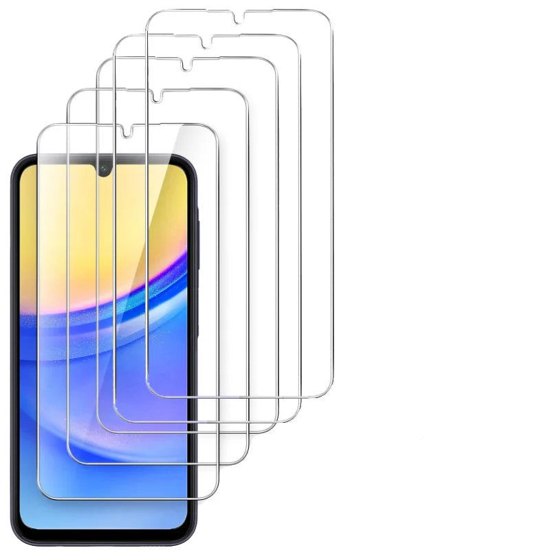 Set of phone screen protectors with features listed on a white background