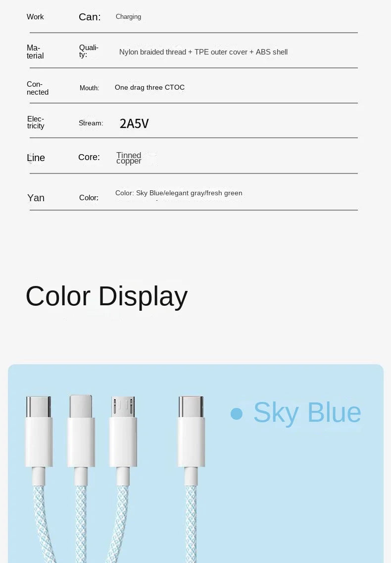 3 In 1 Fast Charging Cable 100W USB Type C Charger Wire