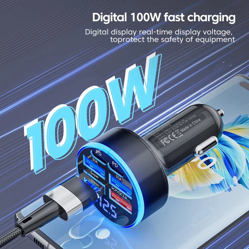 100W 6 Ports Car Charger USB Type C PD QC3.0 Fast Charger
