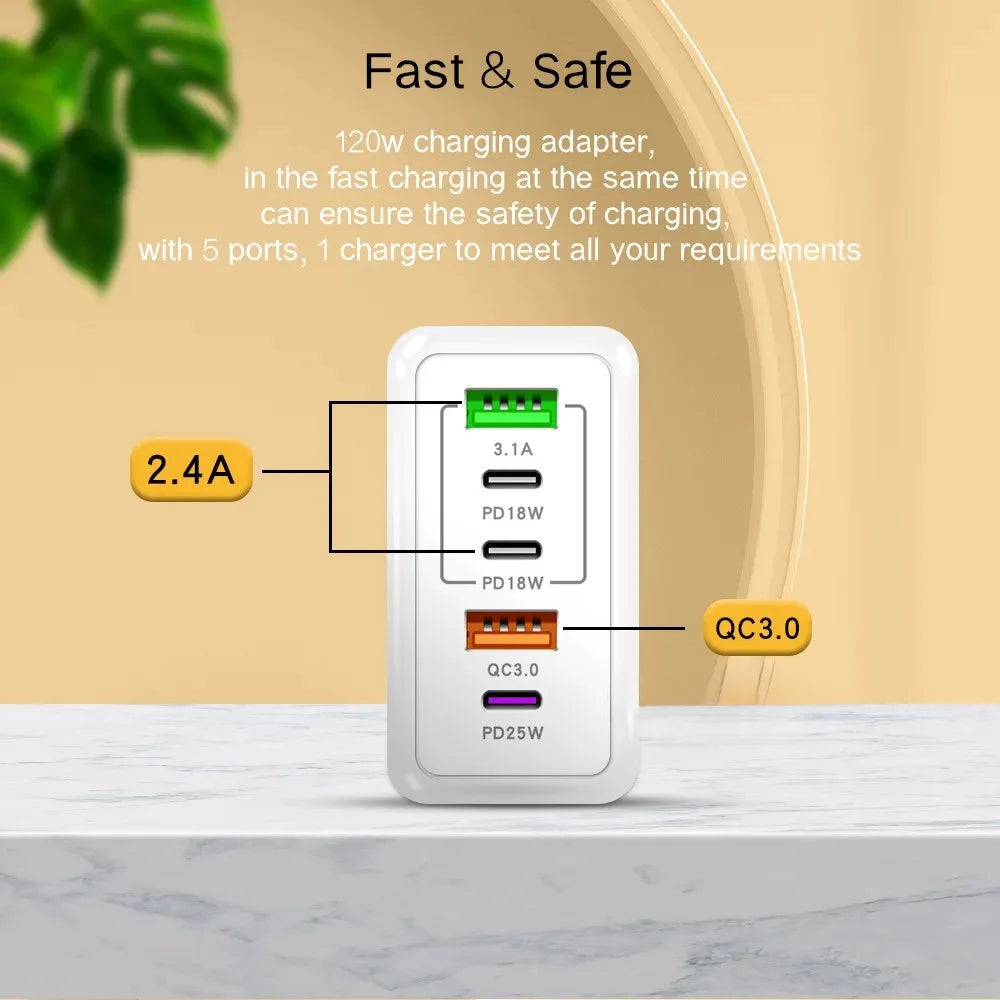 Total 120W USB Charger 5 Ports Type C Fast UK Plug