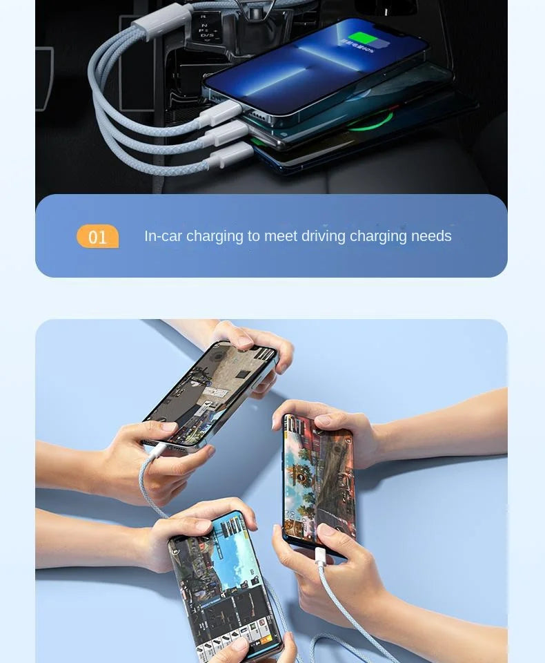 3 In 1 Fast Charging Cable 100W USB Type C Charger Wire