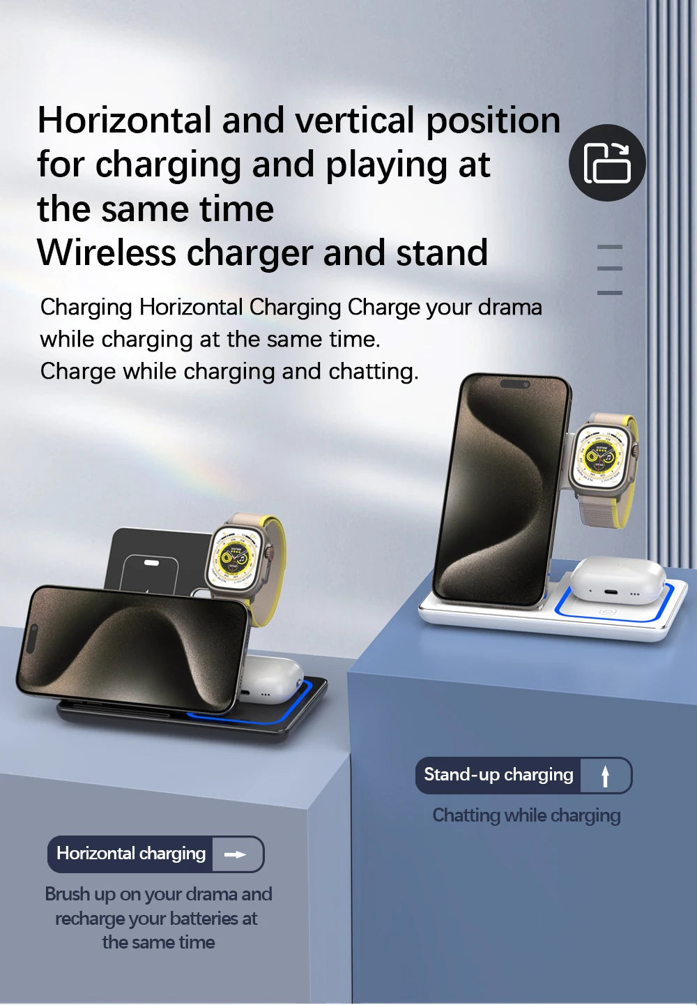 30W LED Fast Wireless Charger Stand 3 in 1 Foldable Station