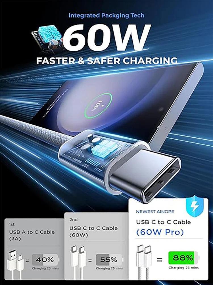 USB-C Type C Cable 60W Fast Charging iPhone Huawei Samsung