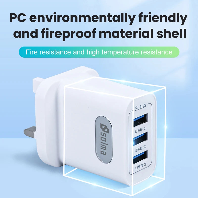 SOLMA UK USB Charger | 3-Port Fast Charger Plug 3.1A