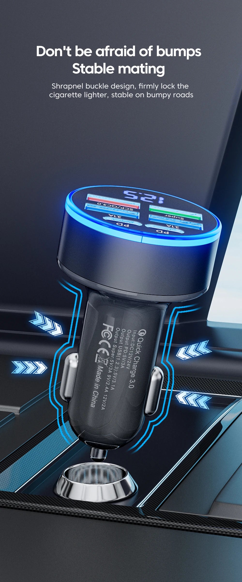 100W 6 Ports Car Charger USB Type C PD QC3.0 Fast Charger