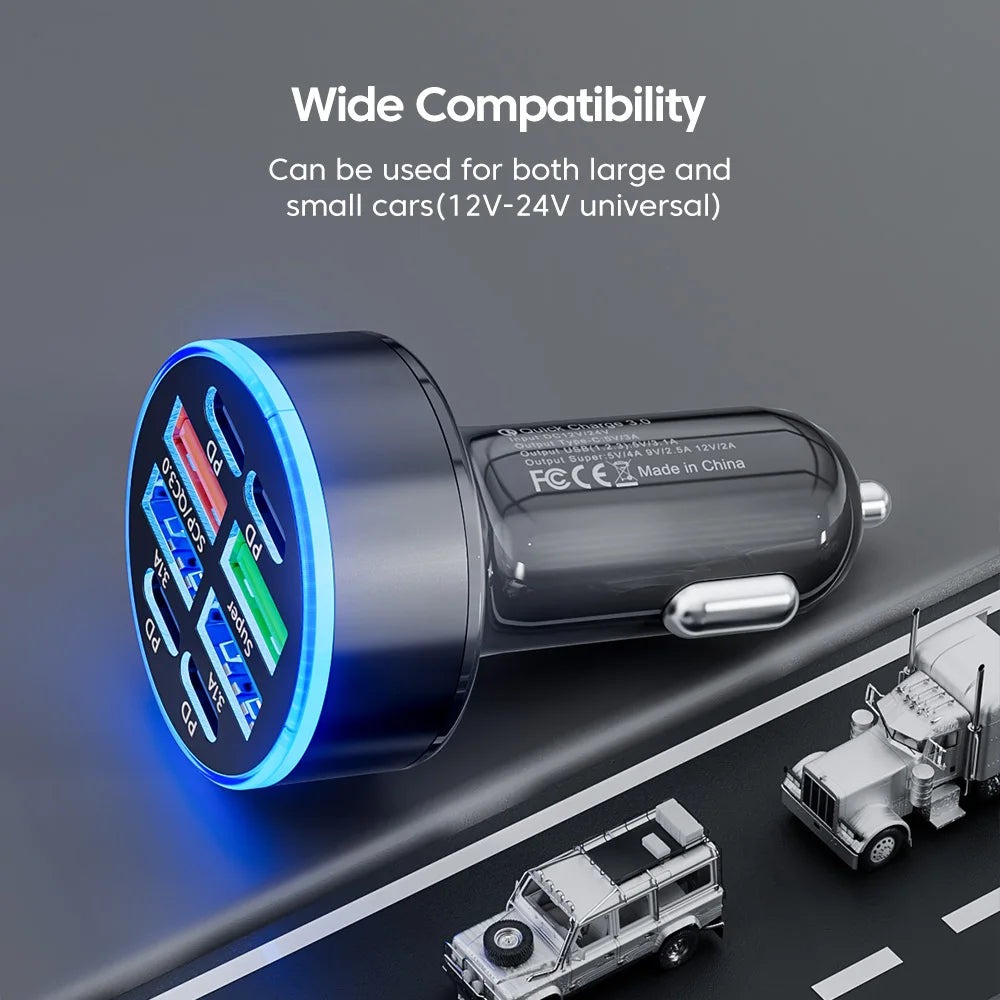 100W 6 Ports Car Charger USB Type C PD QC3.0 Fast Charger