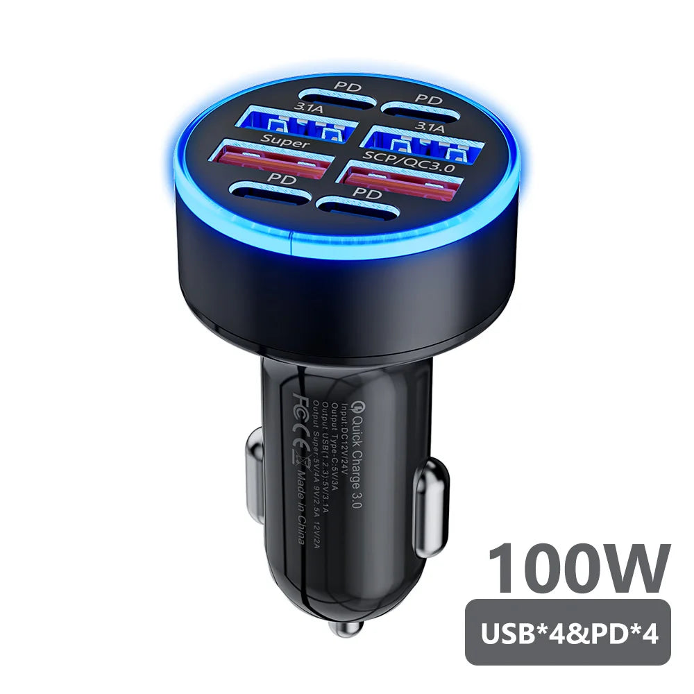 100W 6 Ports Car Charger USB Type C PD QC3.0 Fast Charger
