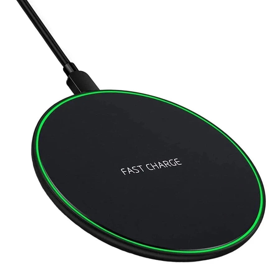Black wireless charging pad with text highlighting features on a white background
