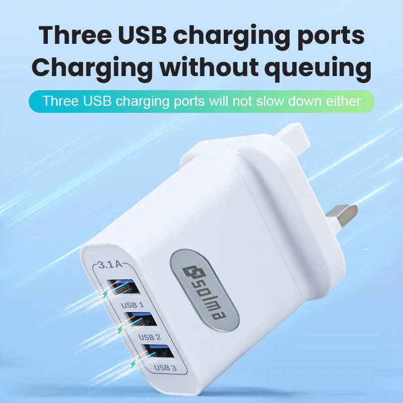 SOLMA UK USB Charger | 3-Port Fast Charger Plug 3.1A