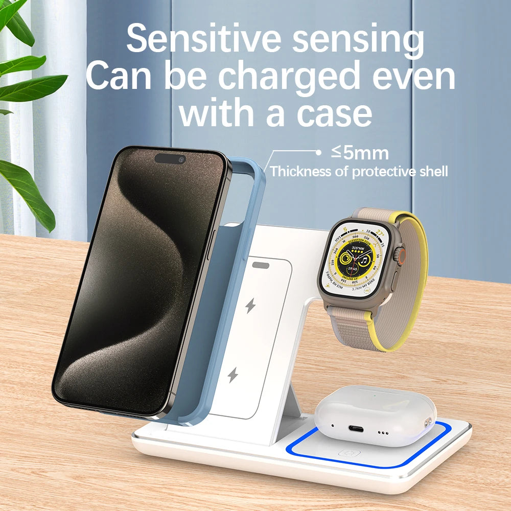 30W LED Fast Wireless Charger Stand 3 in 1 Foldable Station
