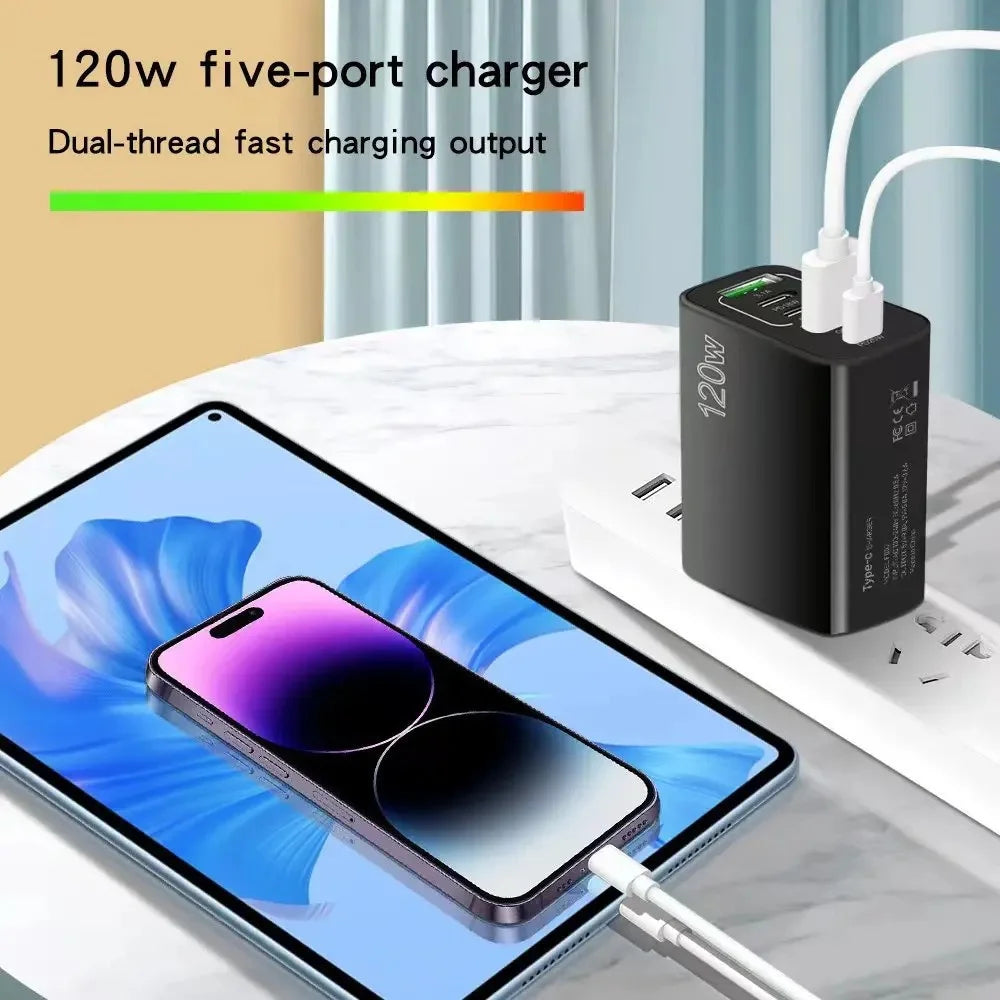 Total 120W USB Charger 5 Ports Type C Fast UK Plug