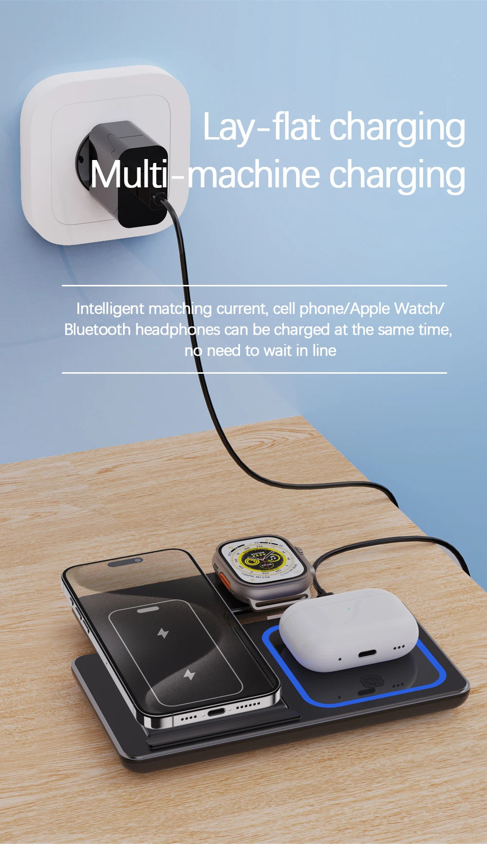 30W LED Fast Wireless Charger Stand 3 in 1 Foldable Station