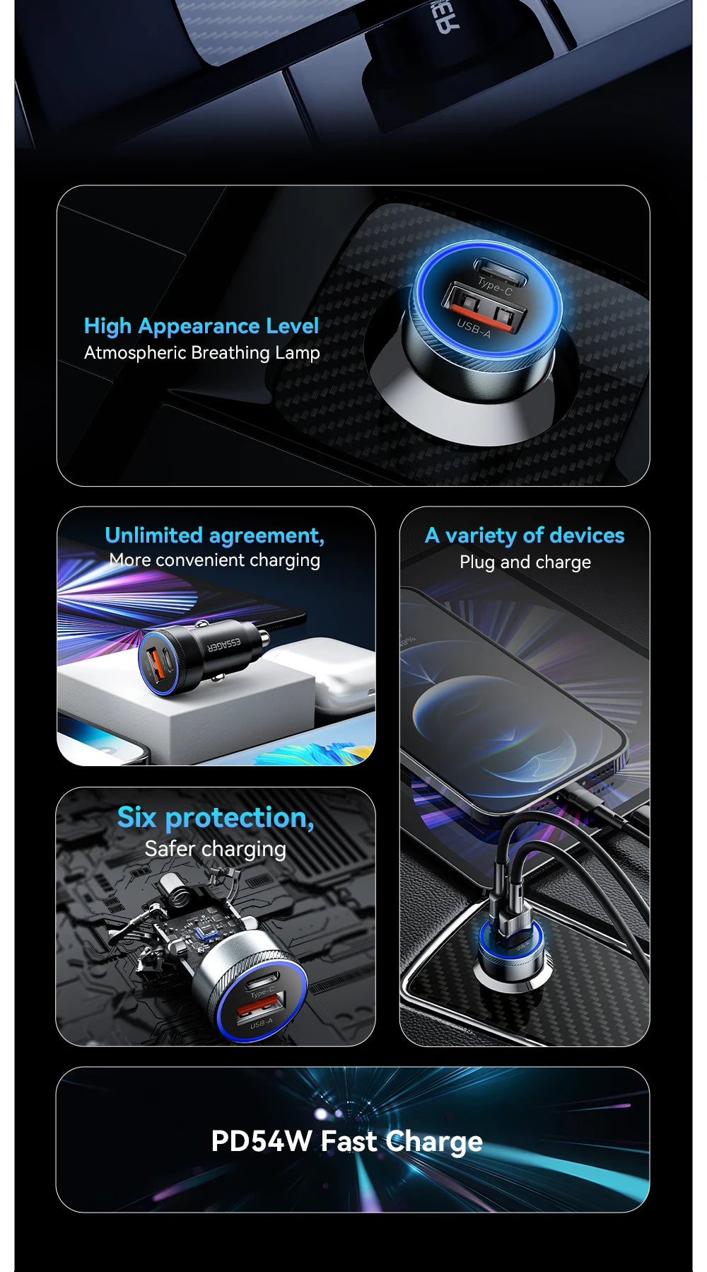 Essager 54W USB Car Charger | Fast Charging for iPhone
