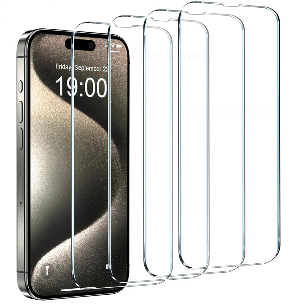 Four clear phone screen protectors in front of an iPhone with 'For iPhone' text at the top.