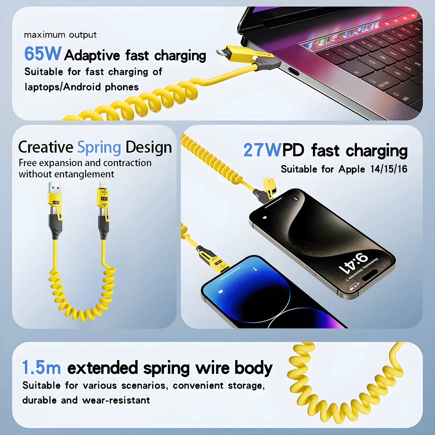 Zinc Alloy USB-C 4IN1 65W Fast Charging Cable for Phones PD