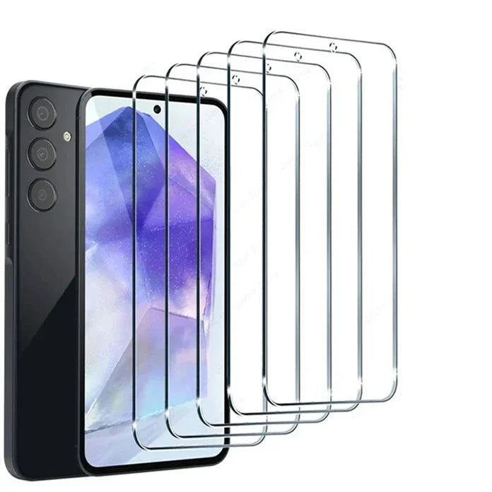 Five screen protectors for Samsung devices with features listed on a white background