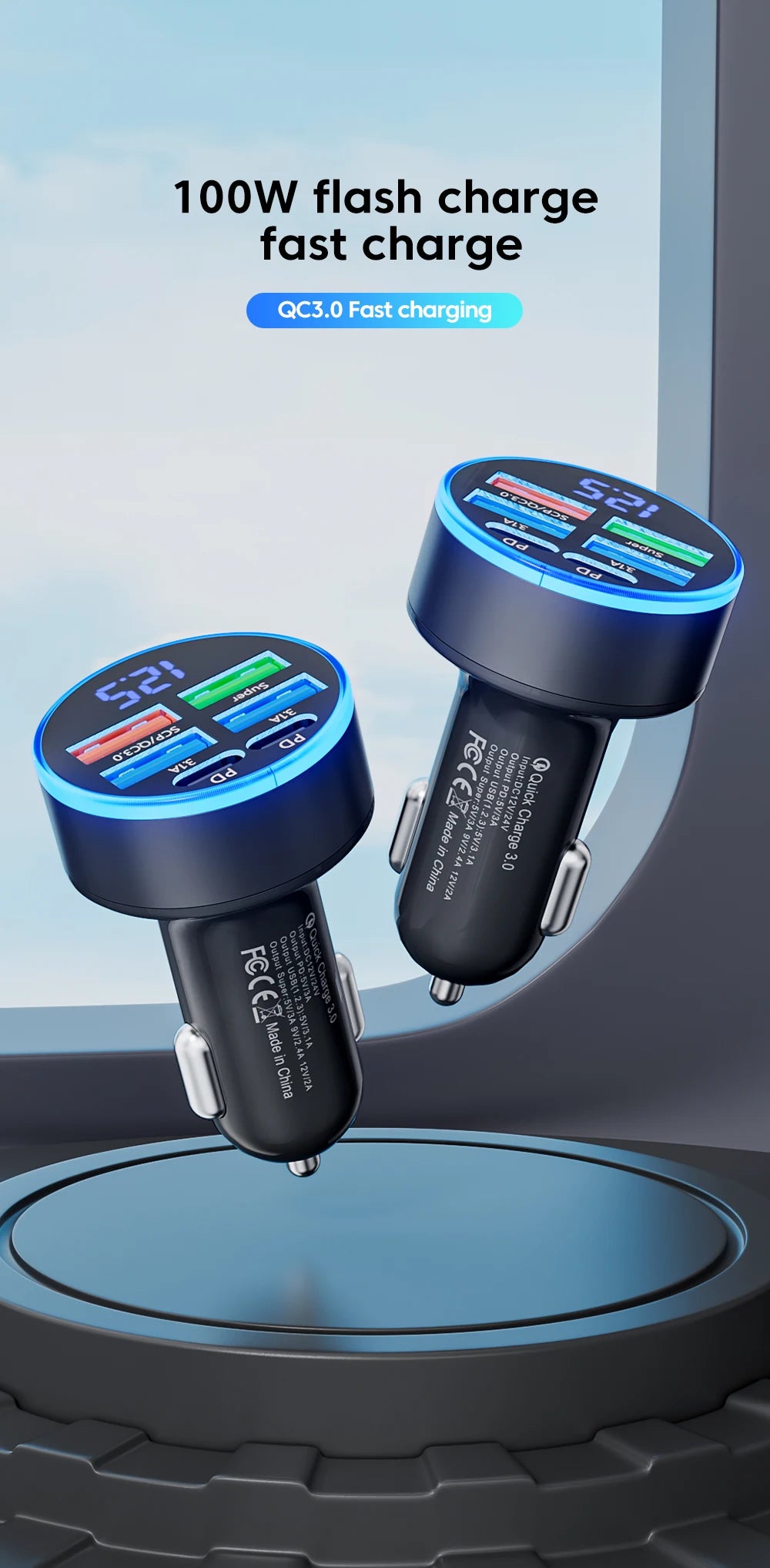 100W 6 Ports Car Charger USB Type C PD QC3.0 Fast Charger