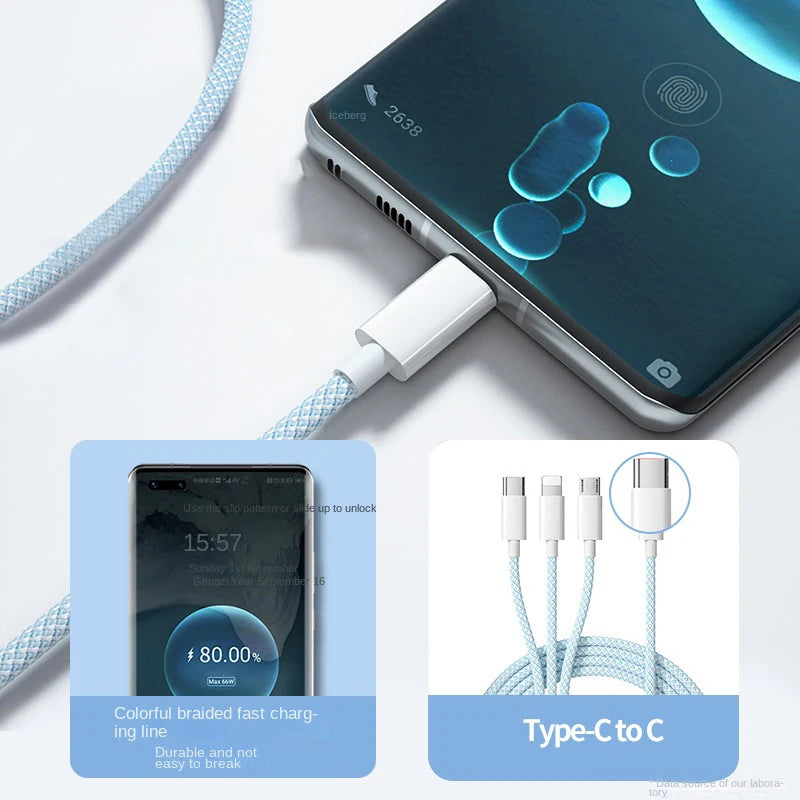 3 In 1 Fast Charging Cable 100W USB Type C Charger Wire