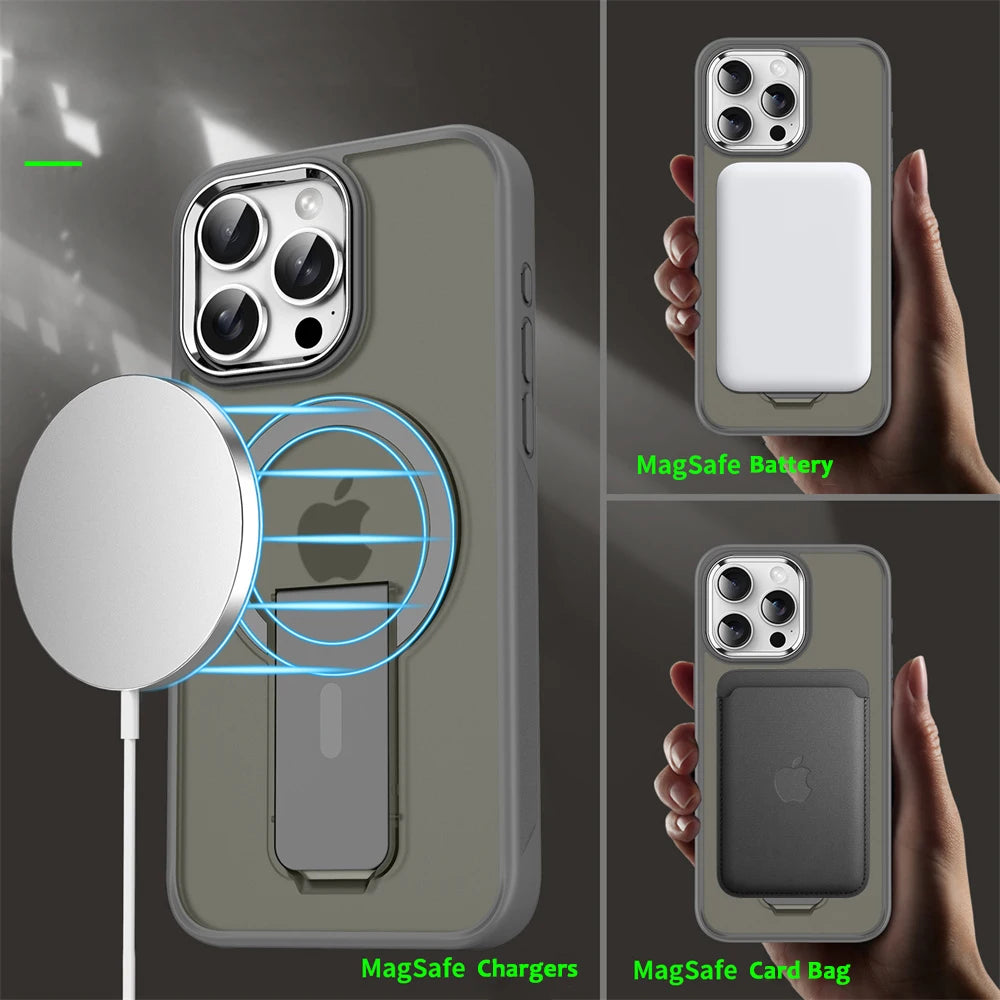 Luxury For Magsafe Folding Stand Magnetic Phone Case For iPhone 16 15 14 Plus 13 12 11 Pro Max Matte Translucent Back Cover Caps