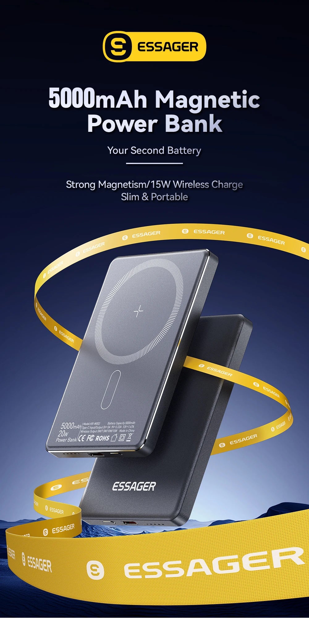 Essager Thin Wireless Power Bank Magnetic 20W 5000mAh Portable Fast Charging External Battery