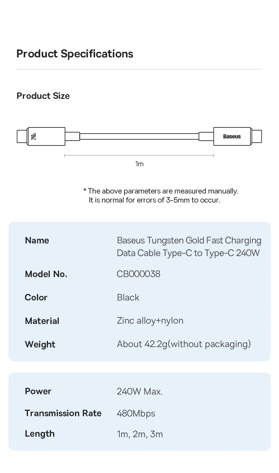 Baseus PD 240W Fast USB-C Cable For iPhone 16 MacBook iPad