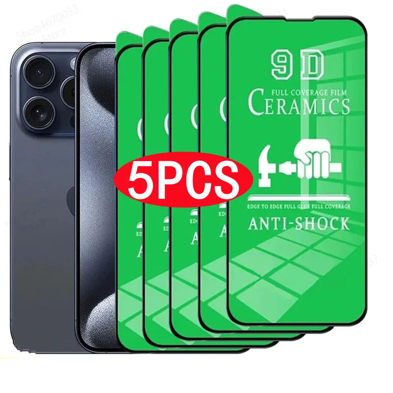 Five green phone screen protectors with text on a white background