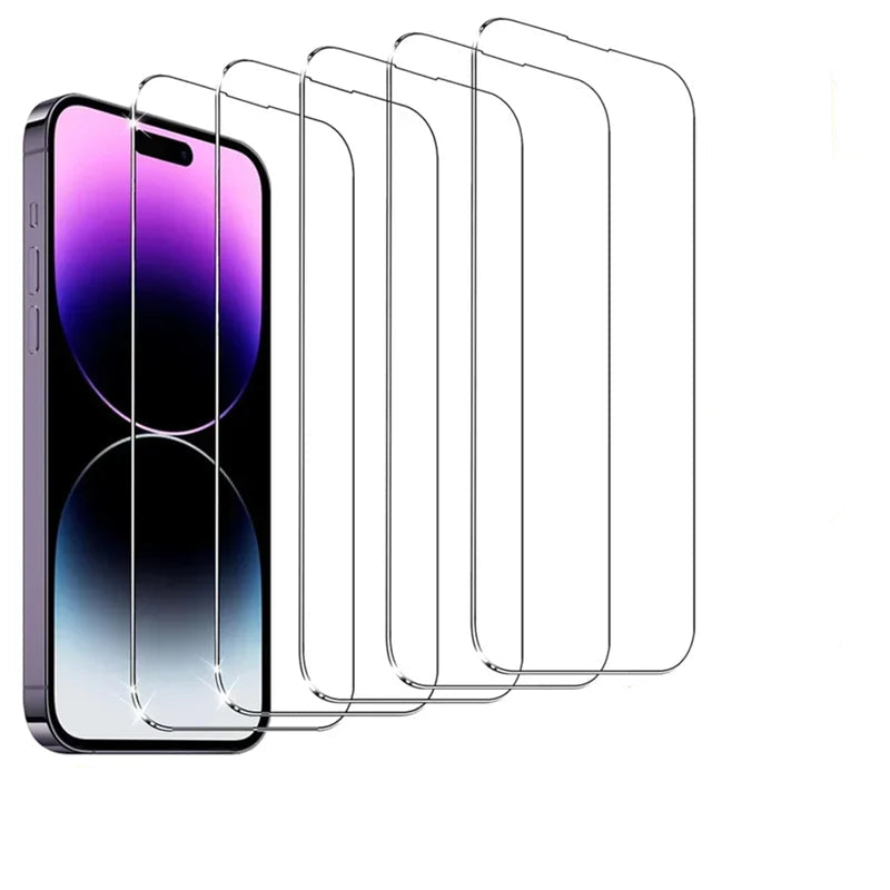 Five clear screen protectors for a smartphone with feature icons and text on a white background.