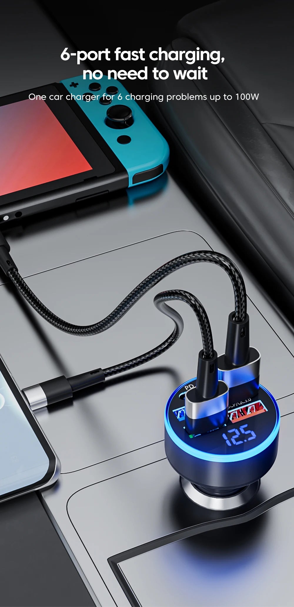 100W 6 Ports Car Charger USB Type C PD QC3.0 Fast Charger