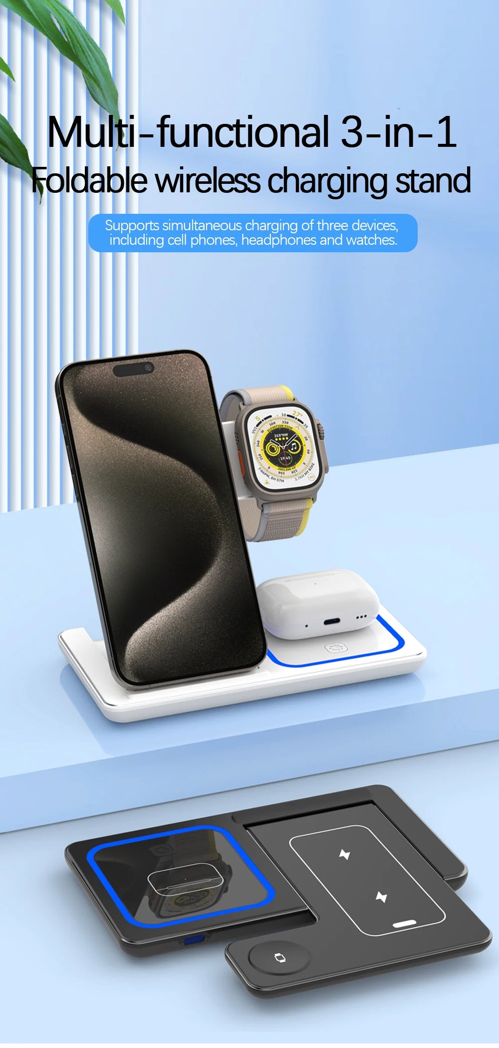 30W LED Fast Wireless Charger Stand 3 in 1 Foldable Station