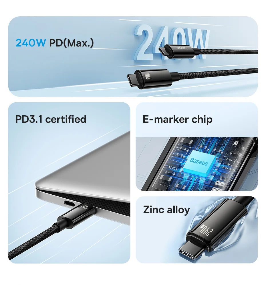 Baseus PD 240W Fast USB-C Cable For iPhone 16 MacBook iPad