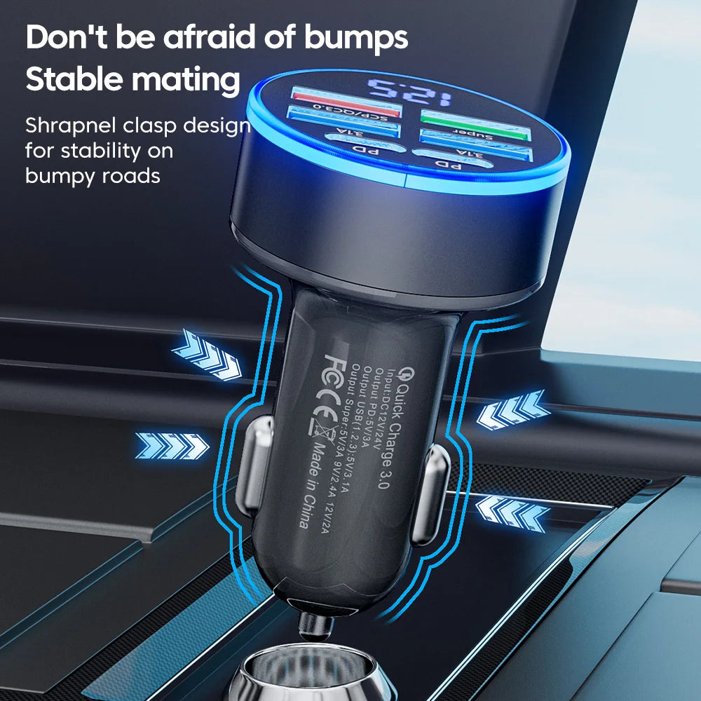 100W 6 Ports Car Charger USB Type C PD QC3.0 Fast Charger