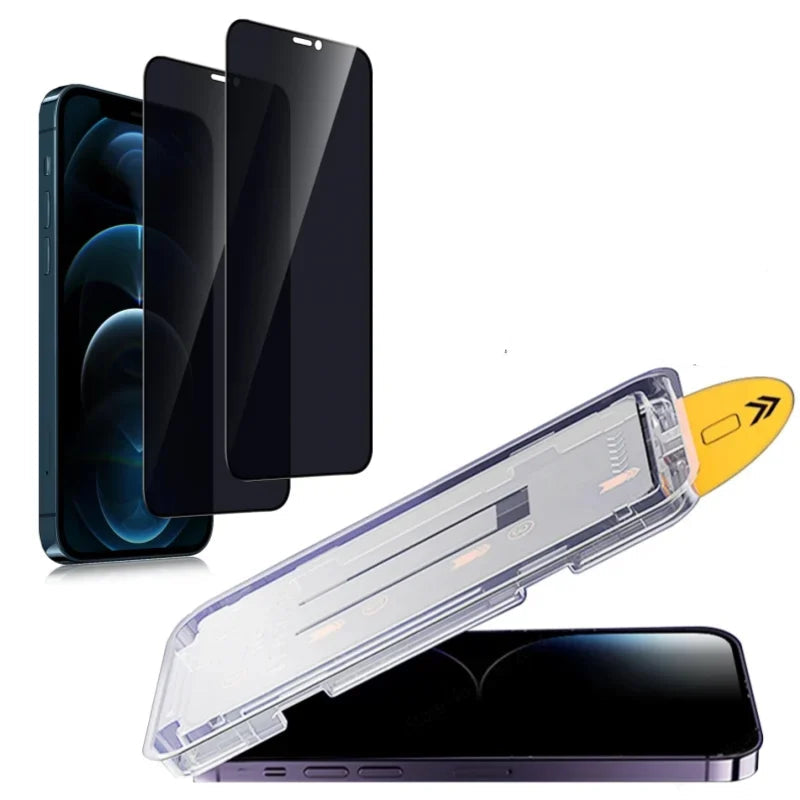 Two tempered glass screen protectors with installation tool on a white background
