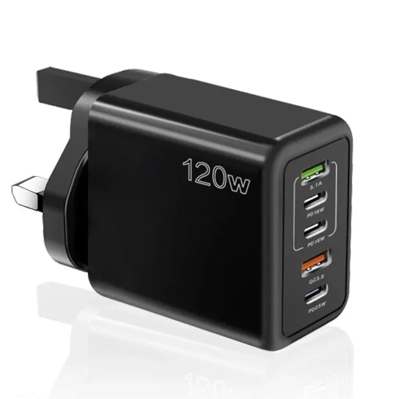 Total 120W USB Charger 5 Ports Type C Fast UK Plug
