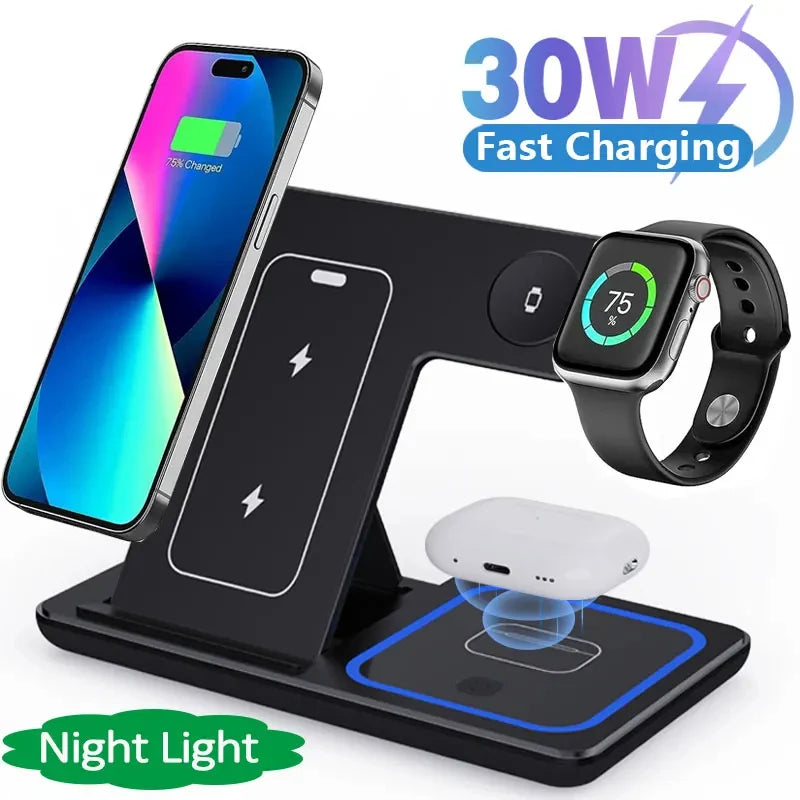 30W LED Fast Wireless Charger Stand 3 in 1 Foldable Station