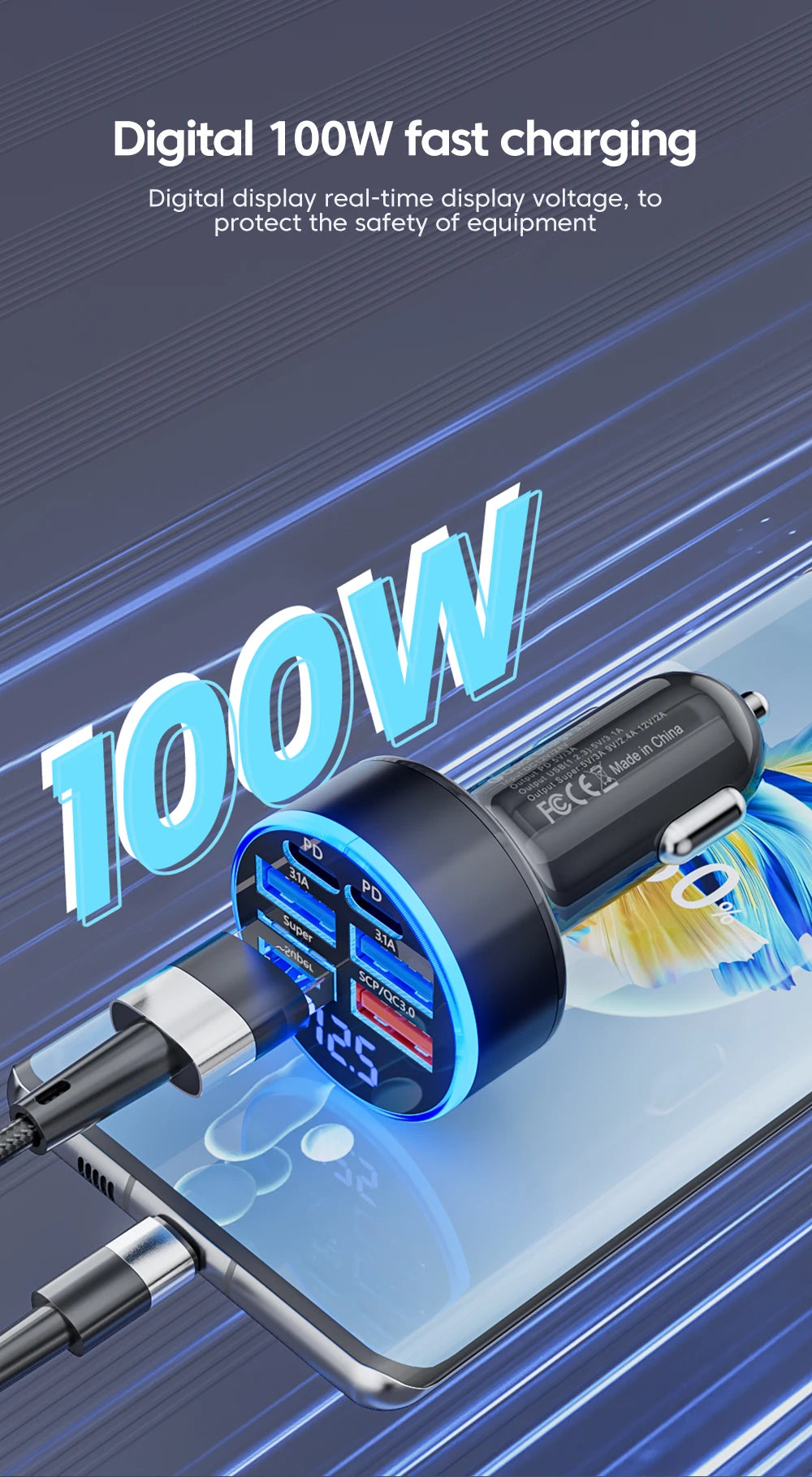 100W 6 Ports Car Charger USB Type C PD QC3.0 Fast Charger