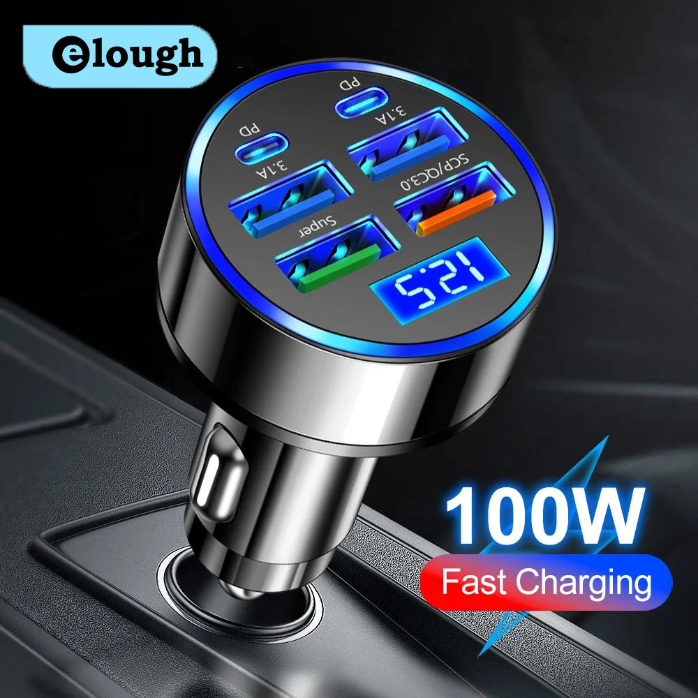 100W 6 Ports Car Charger USB Type C PD QC3.0 Fast Charger