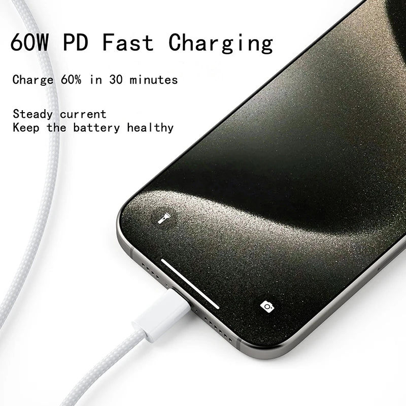 USB Cable For iPhone Fast Charging USB Type C Braided 60W