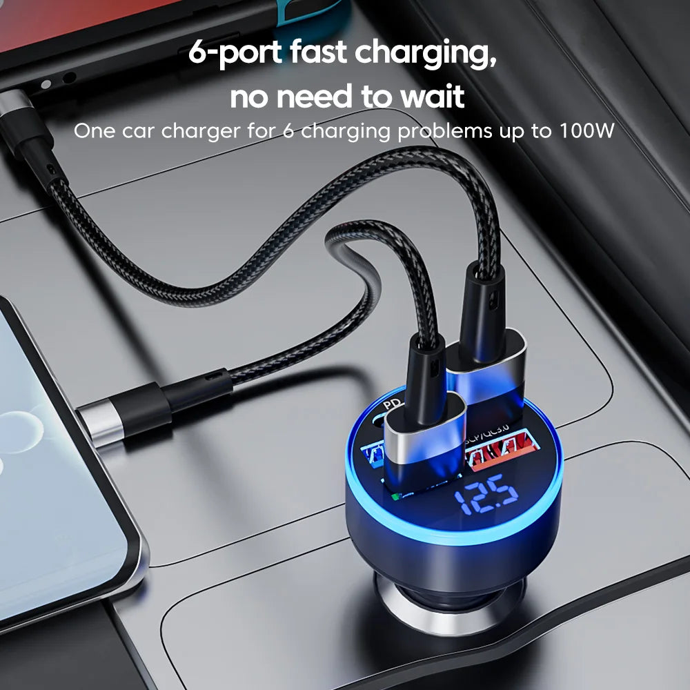100W 6 Ports Car Charger USB Type C PD QC3.0 Fast Charger