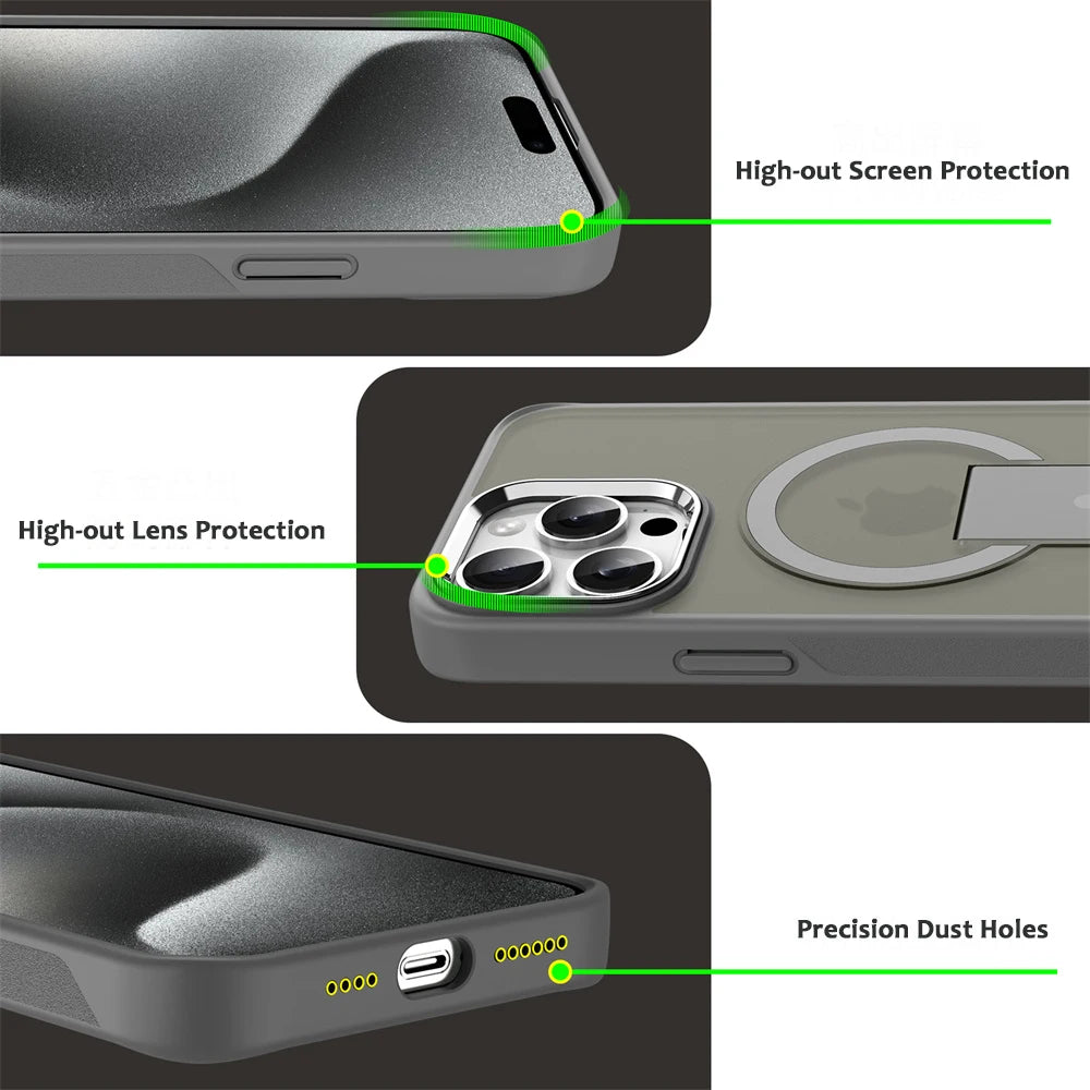 Luxury For Magsafe Folding Stand Magnetic Phone Case For iPhone 16 15 14 Plus 13 12 11 Pro Max Matte Translucent Back Cover Caps