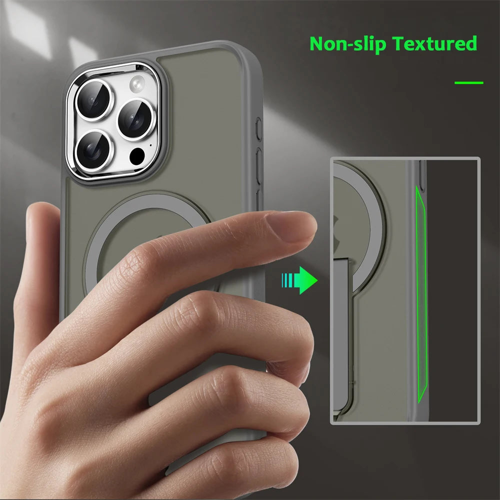 Luxury For Magsafe Folding Stand Magnetic Phone Case For iPhone 16 15 14 Plus 13 12 11 Pro Max Matte Translucent Back Cover Caps