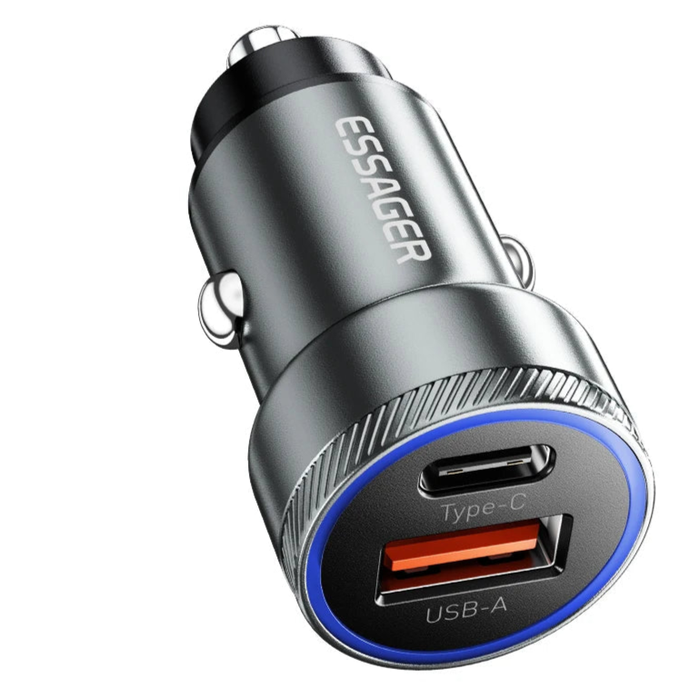 Essager mini car charger with USB-A and Type-C ports on a white background