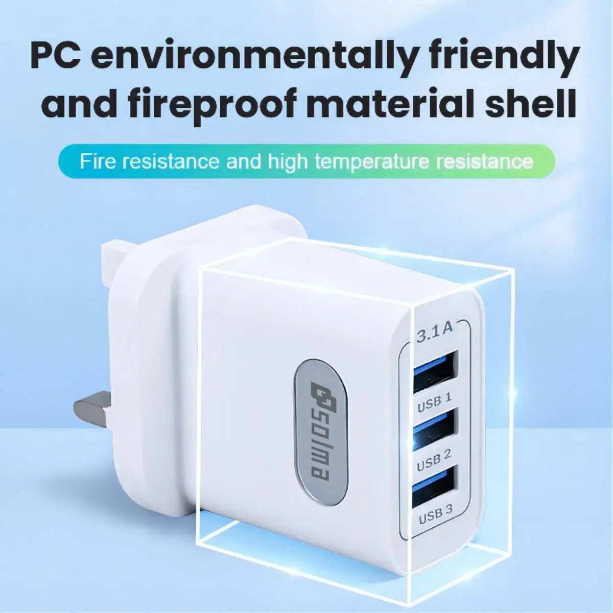 SOLMA UK USB Charger | 3-Port Fast Charger Plug 3.1A