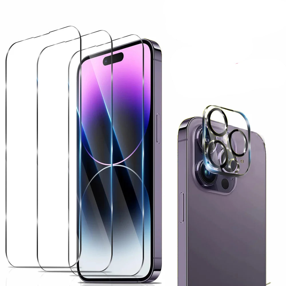 Smartphone with three glass screen protectors and a lens protector on a white background